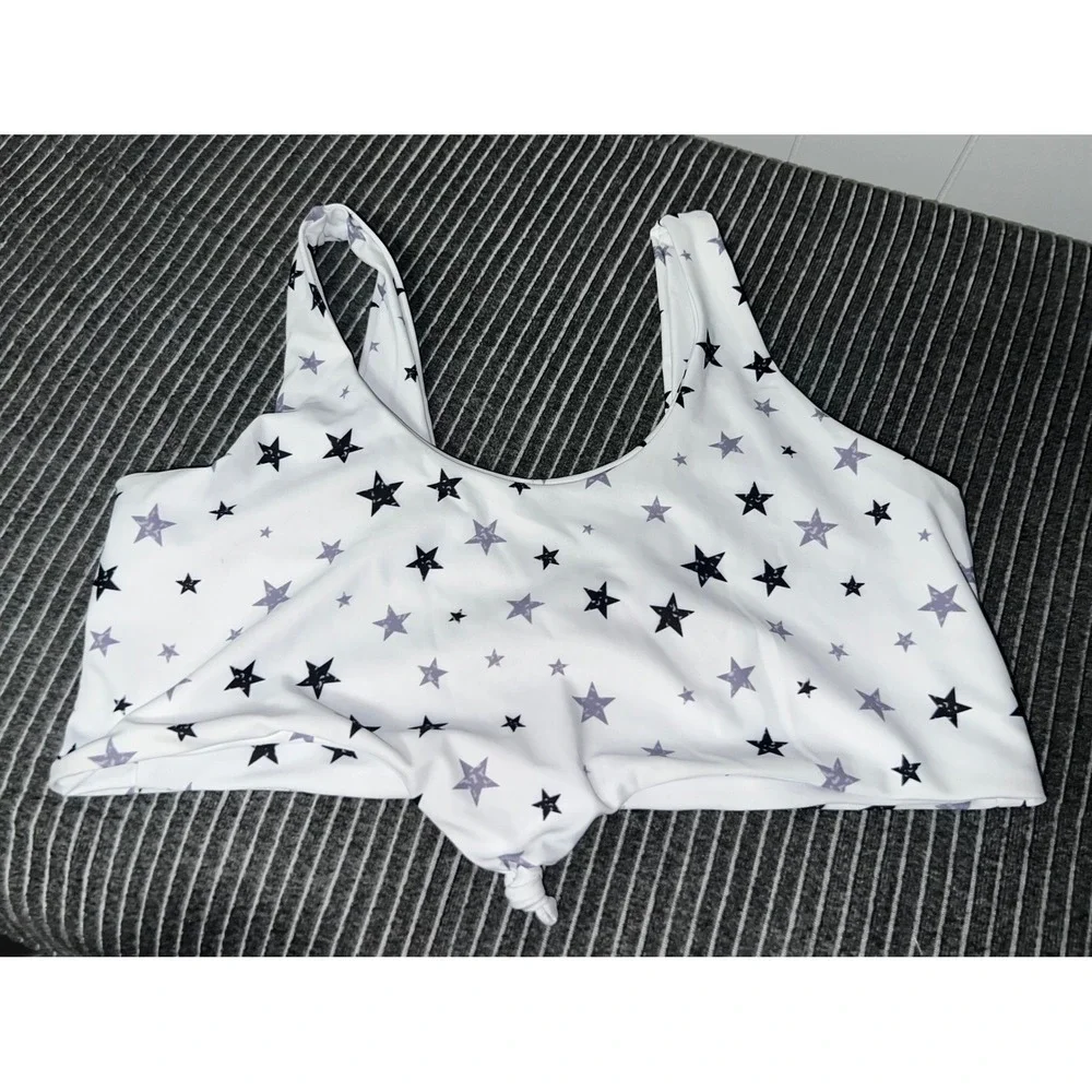 SHEIN‎ Womens XL White Star Print Front Tie Knot Scoop Neck Bikini Top